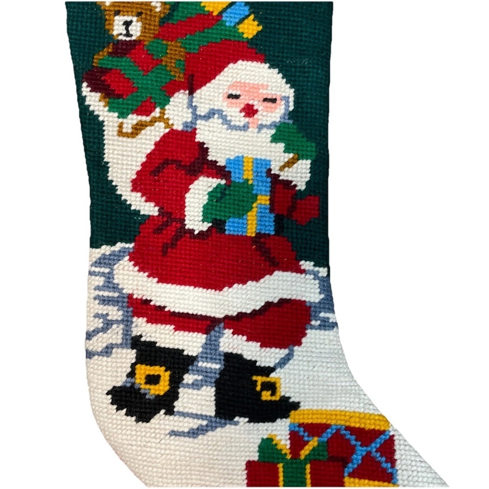 Vintage Santa Claus Christmas Stocking Needlepoint "Merry Christmas" - Picture 3 of 5